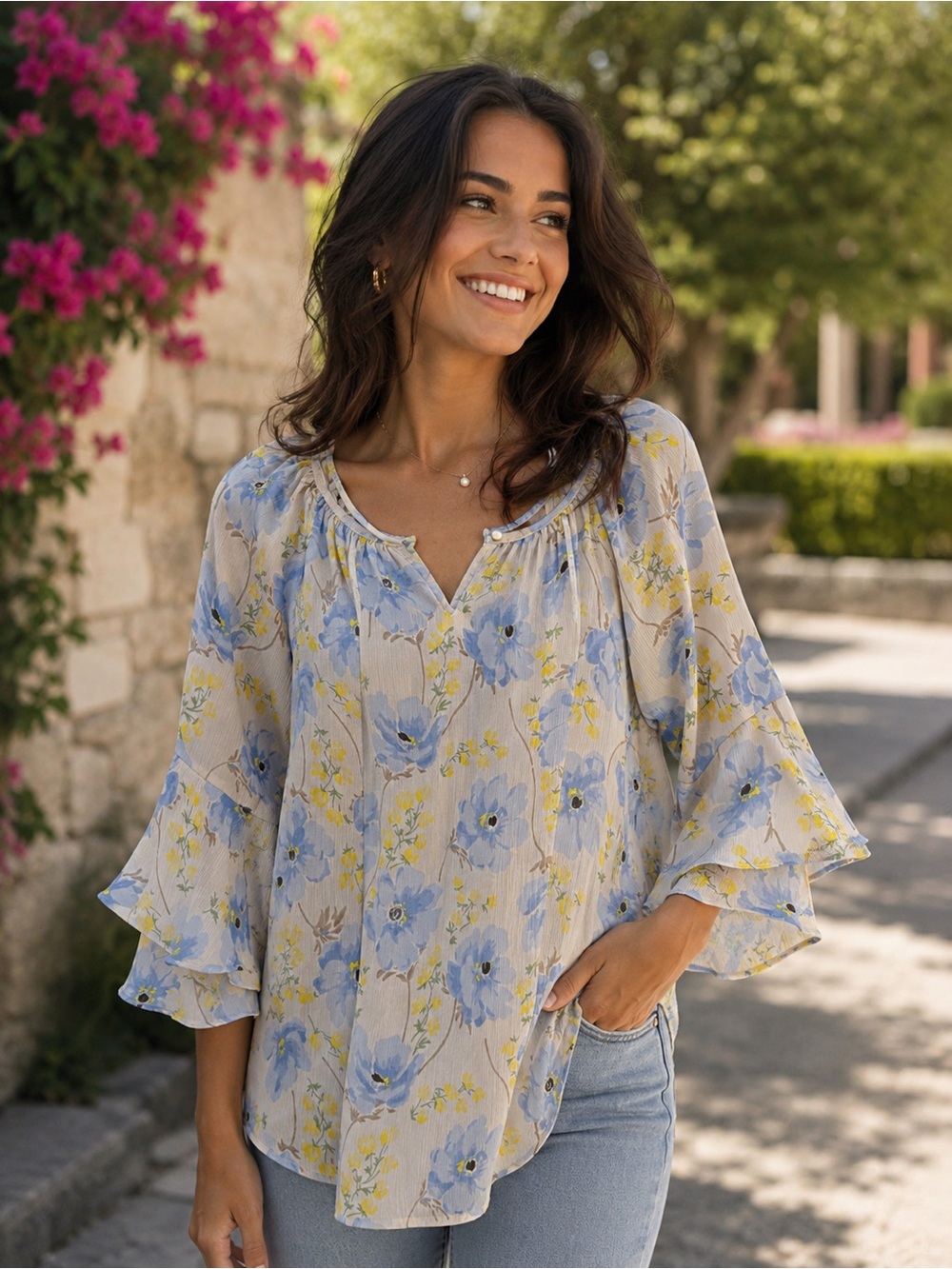 Chaps Light Blue Floral Ruffled Sleeve Blouse